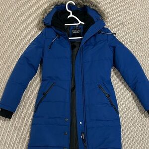 Noize Women's Royal Blue Puffer Coat with Faux Fur Hood